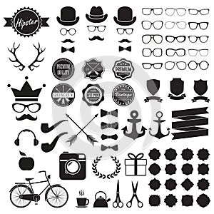 Hipster icons set. Vintage and hipster style signs collection. Retro design infographic elements: sunglasses, frames, labels